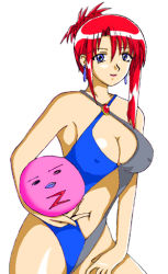 Rule 34 | 00s, 1girl, ball, beachball, blue eyes, breasts, broccoli (company), casual one-piece swimsuit, cleavage, covered erect nipples, forte stollen, galaxy angel, large breasts, lowres, non-web source, normad, one-piece swimsuit, red hair, solo, swimsuit