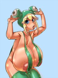 Rule 34 | 1girl, areola slip, blonde hair, blue eyes, breasts, female focus, frog, frog hair ornament, hair ornament, highres, huge breasts, looking at viewer, no bra, open mouth, slingshot swimsuit, solo, swimsuit