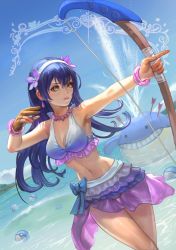 Rule 34 | 10s, 1girl, absurdres, arrow (projectile), bangle, bikini, blue hair, blush, bow (weapon), bracelet, breasts, cleavage, cloud, creatures (company), crossover, day, dutch angle, earrings, game freak, gen 3 pokemon, hairband, highres, holding, index finger raised, jewelry, long hair, love live!, love live! school idol project, medium breasts, natsuiro egao de 1 2 jump!, nintendo, outdoors, outstretched arm, parted lips, poke ball, pokemon, pokemon (creature), sarong, shaonav, sky, sonoda umi, swimsuit, wailmer, water, weapon, whale, white bikini, yellow eyes