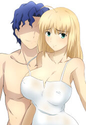 Rule 34 | 1boy, 1girl, absurdres, artoria pendragon (all), artoria pendragon (fate), blonde hair, blue hair, breasts, covered erect nipples, fate/stay night, fate (series), green eyes, highres, large breasts, matou shinji, pc pc (naruse1), saber (fate), short hair, smile, source request