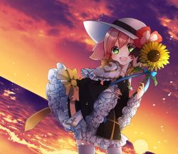 Rule 34 | 1girl, absurdres, arch bishop (ragnarok online), asuta (kinakomoti300), beach, black dress, black ribbon, blush, bow, cloud, commentary request, cowboy shot, cross, dress, dress bow, dutch angle, flower, frilled dress, frilled sleeves, frills, gradient sky, green eyes, hair between eyes, hat, hat ribbon, highres, holding, holding bow (ornament), horizon, looking at viewer, ocean, official alternate costume, open mouth, orange sky, pink flower, pink hair, purple sky, ragnarok online, ribbon, short hair, sky, smile, solo, sunflower, sunset, thighhighs, water, white hat, white thighhighs, yellow bow