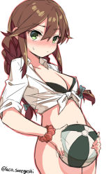 Rule 34 | 1girl, ball, beachball, bikini, bikini under clothes, black bikini, blush, bottomless, braid, breasts, brown hair, cleavage, covering privates, covering crotch, green eyes, hair between eyes, hair ribbon, holding, kantai collection, laco soregashi, long hair, medium breasts, noshiro (kancolle), one-hour drawing challenge, ribbon, scrunchie, shirt, short sleeves, simple background, solo, sweat, swimsuit, swimsuit under clothes, tied shirt, twin braids, twitter username, white background, white shirt, wrist scrunchie
