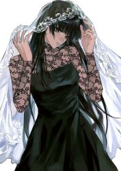 Rule 34 | 1girl, arms up, black dress, black eyes, black hair, closed mouth, dress, highres, kuroren0402, lace, lace-trimmed veil, lace sleeves, lace trim, long hair, looking at viewer, osaragi (sakamoto days), sakamoto days, see-through, see-through sleeves, solo, upper body, veil, very long hair, white background