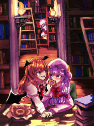 Rule 34 | 4girls, :d, absurdres, annoyed, bagel, bat wings, blunt bangs, book, book stack, bookshelf, chair, crescent, dos5, doughnut, eating, eye contact, fangs, fire, flandre scarlet, food, hat, head wings, heart, heart-shaped pupils, highres, holding, indoors, koakuma, library, light, long hair, long sleeves, looking at another, multiple girls, open mouth, patchouli knowledge, peeking out, profile, purple eyes, purple hair, red hair, remilia scarlet, sitting, smile, symbol-shaped pupils, table, touhou, v-shaped eyebrows, vest, voile, wings, yuri