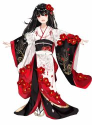 Rule 34 | 1girl, :d, absurdres, black hair, black kimono, fate/grand order, fate (series), floral print, flower, hair flower, hair ornament, highres, japanese clothes, kimono, long hair, looking at viewer, multicolored clothes, multicolored kimono, oda nobunaga (fate), oda nobunaga (koha-ace), open mouth, print kimono, red eyes, red kimono, sandals, smile, solo, tabi, white background, white kimono, xixing chun