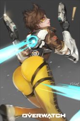 Rule 34 | !, 1girl, arched back, artist name, ass, bad id, bad twitter id, bent over, black gloves, bodysuit, bomber jacket, brown eyes, brown hair, brown jacket, chest harness, copyright name, cross-laced clothes, dual wielding, elbow gloves, emblem, from behind, gloves, goggles, gun, handgun, harness, holding, holding gun, holding weapon, jacket, leather, leather jacket, leg up, lips, long sleeves, looking at viewer, looking back, niel (niel wtf), overwatch, overwatch 1, pants, shoes, short hair, skin tight, solo, spiked hair, thighs, tight clothes, tight pants, tracer (overwatch), union jack, vambraces, weapon