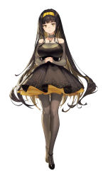 Rule 34 | 1girl, bare shoulders, black dress, black hair, black pantyhose, breasts, choker, collar, destiny child, dress, hairband, highres, janghwa (destiny child), jewelry, kkuem, large breasts, necklace, own hands together, pantyhose, simple background, solo, white background, yellow eyes, yellow hairband