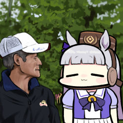 Rule 34 | 1boy, 1girl, :3, = =, animal ears, baseball cap, black jacket, blunt bangs, bow, bowtie, brown headwear, ear bow, facing another, gold ship (umamusume), grey hair, hat, horse ears, horse girl, horseshoe ornament, imanami takatoshi, jacket, jazz jack, long hair, looking at another, lowres, photo-referenced, pillbox hat, pleated skirt, puffy short sleeves, puffy sleeves, purple bow, purple bowtie, purple shirt, real life, sailor collar, sailor shirt, school uniform, serafuku, shirt, short sleeves, signature, skirt, summer uniform, tracen school uniform, umamusume, white headwear, white skirt