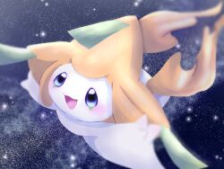 Rule 34 | :d, blurry, blush, commentary request, creatures (company), depth of field, game freak, gen 3 pokemon, highres, jirachi, legendary pokemon, mythical pokemon, night, nintendo, no humans, open mouth, outdoors, outstretched arms, pokemon, pokemon (creature), sky, smile, solo, star (sky), starry sky, ten (hiromoto-5010), tongue