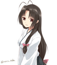 Rule 34 | 10s, 1girl, antenna hair, bow, brown eyes, brown hair, hair bow, japanese clothes, kantai collection, long hair, low-tied long hair, maruki (punchiki), shouhou (kancolle), simple background, solo, twitter username, v arms, white background