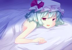 Rule 34 | 1girl, :d, bad id, bad pixiv id, bed, blanket, blue hair, blush, chemise, come hither, hat, hifumiyo, looking at viewer, mob cap, open mouth, pillow, red eyes, remilia scarlet, seductive smile, short hair, smile, solo, touhou, tsurime