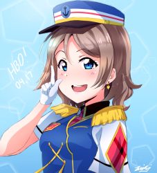 Rule 34 | 1girl, artist name, artist request, blue eyes, blush, breasts, collared shirt, earrings, female focus, female service cap, grey hair, happy party train, hat, headwear request, heart, heart earrings, highres, jewelry, light brown hair, looking at viewer, love live!, love live! sunshine!!, open mouth, parted lips, salute, shiny faiyaa, shirt, short hair, small breasts, smile, solo, tsumikiy, watanabe you