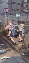 Rule 34 | 3girls, a-pose, absurdres, ahoge, alternate costume, animal ears, arms up, backpack, bag, blue bag, blue bow, blue bowtie, blue cardigan, blue eyes, blue hair, blue necktie, blue skirt, blush, bow, bowtie, braid, brown footwear, cardigan, chain-link fence, collared shirt, commentary request, crane stance, day, double fox shadow puppet, felutiahime, fence, fox ears, fox girl, fox shadow puppet, fox tail, full body, google maps, green eyes, green ribbon, grey hair, hair between eyes, hair ribbon, high school girls posing for google street view (meme), highres, hololive, hoshimachi suisei, leg up, loafers, long hair, long sleeves, looking at viewer, meme, miniskirt, multiple girls, necktie, open cardigan, open clothes, open mouth, outdoors, outstretched arms, photo background, pink hair, pink sweater, plaid, plaid skirt, pleated skirt, ribbon, sakura miko, school uniform, shirakami fubuki, shirt, shoes, sidelocks, sidewalk, skirt, smile, socks, standing, standing on one leg, star (symbol), star in eye, sweater, symbol in eye, tactile paving, tail, v, virtual youtuber, white shirt, white socks