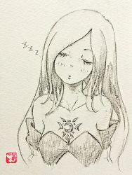 Rule 34 | 1girl, bare shoulders, breasts, cleavage, crow (gravity daze), detached sleeves, closed eyes, gravity daze, gravity daze 2, long hair, multicolored hair, sleeping, solo, strapless, two-tone hair