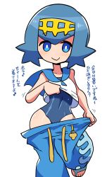 Rule 34 | 1girl, absurdres, blouse, blue eyes, blue hair, blue one-piece swimsuit, blush, circlet, clothes lift, clothes pull, collarbone, covered navel, cowboy shot, creatures (company), drawstring, game freak, hair ornament, highres, hiryou man (crap-man), lana (pokemon), leg up, nintendo, one-piece swimsuit, pants, pants pull, pokemon, pokemon sm, sailor collar, sandals, school uniform, serafuku, shirt, shirt lift, short hair, simple background, smile, solo, swimsuit, swimsuit under clothes, translation request, undressing, white background, white shirt