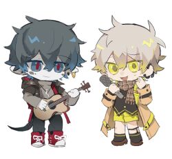 Rule 34 | 2boys, acoustic guitar, arknights, black hair, black jacket, black socks, black vest, blue eyes, brown coat, brown scarf, chibi, coat, earrings, faust (arknights), gradient hair, grey hair, grey sweater, guitar, holding, holding instrument, holding microphone, instrument, jacket, jewelry, male focus, mephisto (arknights), microphone, multicolored hair, multiple boys, necklace, open mouth, pale skin, pointy ears, red footwear, red pupils, scales, scarf, shoes, short hair, shorts, simple background, smile, snake tail, socks, south ac, sweat, sweater, tail, vest, white background, yellow eyes, yellow shorts