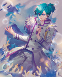 Rule 34 | 1boy, blue eyes, blue hair, buttons, collarbone, commentary request, coral, coral reef, cowboy shot, double-breasted, dutch angle, feathers, feet out of frame, fish, hands up, holding, holding microphone, kamikanomi, long sleeves, looking at viewer, male focus, microphone, mikaze ai, pants, parted lips, short hair, short ponytail, solo, sparkle, translation request, underwater, uta no prince-sama, white pants
