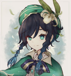 Rule 34 | 1boy, androgynous, artist name, bad id, bad pixiv id, beret, black hair, blue hair, bow, braid, brooch, cape, character name, collared cape, dragonagia643, english text, flower, gem, genshin impact, gradient hair, green eyes, green hat, hair flower, hair ornament, hat, highres, jewelry, leaf, looking at viewer, male focus, multicolored hair, shirt, short hair with long locks, simple background, smile, solo, twin braids, venti (genshin impact), white flower, white shirt
