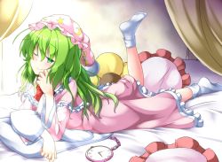 Rule 34 | 1girl, aka tawashi, bed, blush, bow, bowtie, commentary request, crescent print, curtains, dress, frills, green eyes, green hair, hat, highres, kazami yuuka, kazami yuuka (pc-98), leg up, long hair, long sleeves, looking at viewer, lying, nightcap, nightgown, no shoes, on stomach, one eye closed, pillow, pink dress, pocket watch, red bow, red bowtie, smile, socks, solo, star (symbol), star print, touhou, touhou (pc-98), watch, white socks