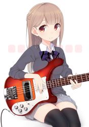 Rule 34 | 1girl, bad id, bad pixiv id, bass guitar, black thighhighs, blush, bow, breasts, brown hair, female focus, half updo, instrument, large breasts, long hair, long sleeves, looking at viewer, nekoume, original, red eyes, rickenbacker, rickenbacker 4001, school uniform, simple background, sitting, skirt, smile, solo, sweater, thighhighs, white background, zettai ryouiki