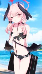 Rule 34 | 1girl, absurdres, bag, beach, bikini, black bikini, black wings, blue archive, blue sky, blush, closed mouth, cloud, day, flat chest, flora print, front-tie bikini top, front-tie top, frown, fujifuji0330, halo, head wings, highres, koharu (blue archive), koharu (swimsuit) (blue archive), long hair, looking at viewer, low wings, navel, ocean, official alternate costume, one eye closed, outdoors, pink hair, print bikini, red halo, sky, solo, standing, swimsuit, thighs, wings