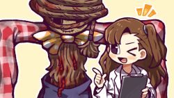 Rule 34 | &gt; o, 1girl, black eyes, blood, brown hair, clipboard, coat, collared shirt, commentary request, employee (project moon), hand up, hatake shimeji, holding, holding clipboard, lobotomy corporation, long hair, long sleeves, no nose, notice lines, one eye closed, one side up, open clothes, open coat, open mouth, outline, project moon, scarecrow, scarecrow searching for wisdom, shirt, simple background, smile, white coat, white outline, white shirt, yellow background