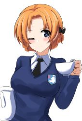 Rule 34 | 1girl, ;), absurdres, aikir (jml5160), black bow, black necktie, blue eyes, blue sweater, bow, braid, closed mouth, commentary, cup, dress shirt, emblem, girls und panzer, hair bow, highres, holding, holding cup, holding teapot, long sleeves, looking at viewer, necktie, one eye closed, orange hair, orange pekoe (girls und panzer), parted bangs, school uniform, shirt, short hair, simple background, smile, solo, st. gloriana&#039;s (emblem), st. gloriana&#039;s school uniform, sweater, teacup, teapot, twin braids, upper body, v-neck, white background, white shirt, wing collar