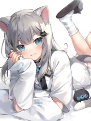 Rule 34 | &gt;:), 1girl, ame929, animal ears, blue eyes, cat ears, cat girl, cat tail, dress, grey hair, highres, indie virtual youtuber, long sleeves, looking at viewer, lying, medium hair, nachoneko, on stomach, slippers, socks, striped clothes, striped socks, tail, v-shaped eyebrows, virtual youtuber, white dress