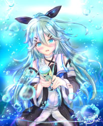 Rule 34 | 10s, 1girl, :d, aqua eyes, blush, bottle, choker, commentary request, detached sleeves, green hair, hair ornament, hair ribbon, hairclip, highres, holding, kantai collection, long hair, looking at viewer, open mouth, pleated skirt, ribbon, school uniform, serafuku, skirt, smile, solo, sparkle, tezaringu, water drop, yamakaze (kancolle)