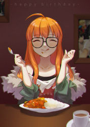 Rule 34 | 10s, 1girl, :q, ^ ^, ahoge, bare shoulders, black-framed eyewear, blush, chromatic aberration, closed eyes, closed mouth, collarbone, cup, curry, curry rice, drawing (object), eating, facing viewer, food, food on face, fur-trimmed jacket, fur trim, glasses, green jacket, happy, happy birthday, highres, holding, holding spoon, indoors, jacket, long hair, long sleeves, off shoulder, open clothes, open jacket, orange hair, persona, persona 5, picture frame, print shirt, rice, sakura futaba, shirt, smile, smile (mm-l), solo, spoon, table, tea, teacup, tongue, tongue out, upper body, white shirt