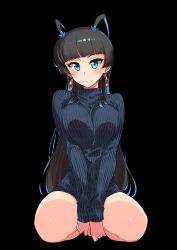 Rule 34 | 1girl, absurdres, black background, blue eyes, blue sweater, blunt bangs, blush, breasts, earrings, highres, hoop earrings, jewelry, kagaminomachi no kaguya, kaguya (kagaminomachi no kaguya), kusanagi tonbo, large breasts, long hair, long sleeves, looking at viewer, ribbed sweater, simple background, sitting, solo, sweater, v arms