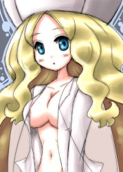 Rule 34 | 10s, 1girl, areola slip, blonde hair, blue eyes, blush, breasts, caitlin (pokemon), cleavage, creatures (company), elite four, female focus, game freak, hat, large breasts, long hair, navel, nintendo, open clothes, open mouth, open shirt, pokemon, pokemon bw, shirt, solo, very long hair