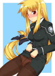 Rule 34 | 00s, 1girl, brown pantyhose, clothes lift, crotch seam, fate testarossa, long hair, low-tied long hair, lyrical nanoha, mahou shoujo lyrical nanoha, mahou shoujo lyrical nanoha strikers, panties, panties under pantyhose, pantyhose, pencil skirt, shichimenchou, skirt, skirt lift, solo, thighband pantyhose, underwear, upskirt