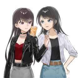 2girls bang_dream! bang_dream!_it&#039;s_mygo!!!!! belt belt_buckle black_belt black_choker black_hair black_jacket black_shirt blue_eyes blue_skirt breast_pocket breasts brown_belt buckle chain chain_necklace choker cleavage commentary corrupted_twitter_file cosplay costume_switch cowboy_shot ear_piercing earrings grey_skirt hand_on_own_hip hashtag-only_commentary highres holding_carton jacket jewelry leather leather_jacket long_hair long_sleeves lower_teeth_only medium_hair midriff mole mole_under_eye multiple_girls navel necklace open_clothes open_jacket open_mouth piercing pocket purple_eyes red_shirt shiina_taki shirt simple_background skirt sleeves_past_elbows sweatdrop teeth trileo405 white_background white_jacket yahata_umiri zipper