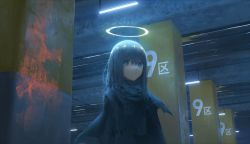 Rule 34 | 1girl, blue eyes, blue hair, ceiling light, commentary request, halo, highres, indoors, long hair, original, parking garage, parking lot, peke (shadow105), pillar, solo, upper body