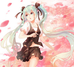 Rule 34 | 1girl, breasts, green eyes, green hair, hair ribbon, hatsune miku, highres, lan jue, long hair, matching hair/eyes, navel, open mouth, ribbon, skirt, small breasts, solo, twintails, very long hair, vocaloid
