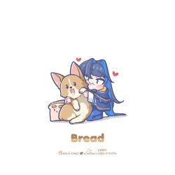 Rule 34 | animal, animal hug, black hair, blue capelet, blue eyes, blue hair, blue pants, blush stickers, capelet, cheek press, chibi, colored inner hair, commentary, denim, dog, english commentary, english text, hair intakes, heart, highres, hololive, hololive english, instagram username, jeans, long sleeves, monja (monja0521), multicolored hair, official alternate costume, official alternate hair length, official alternate hairstyle, ouro kronii, ouro kronii (casual), pants, pixiv username, sanallite (tsukumo sana), simple background, twitter username, virtual youtuber, white background