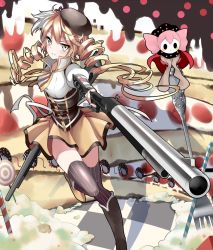 Rule 34 | 10s, 1girl, aiming, bad id, bad pixiv id, beret, blonde hair, bon, boots, cake, charlotte (madoka magica), checkered floor, drill hair, female focus, floor, food, fork, gun, hair ornament, hat, magical girl, mahou shoujo madoka magica, mahou shoujo madoka magica (anime), shadow, smile, solo, thighhighs, tomoe mami, twintails, weapon, witch&#039;s labyrinth, yellow eyes