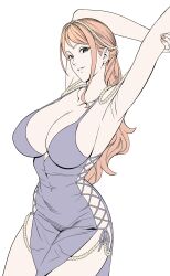 Rule 34 | 1girl, absurdres, alternate costume, arms up, breasts, cleavage, curvy, dress, hand on own hip, highres, large breasts, long dress, long hair, nami (one piece), nami (one piece) (post-timeskip), nami (one piece) (zou), official alternate costume, one piece, orange hair, purple dress, revealing clothes, shiny skin, short dress, smile, uukkaa, very long hair, white background, wide hips