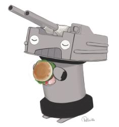 Rule 34 | 1other, artist name, cannon, commentary, closed eyes, food, full body, burger, highres, kantai collection, no humans, rensouhou-kun, retorillo, simple background, solo, standing, turret, white background