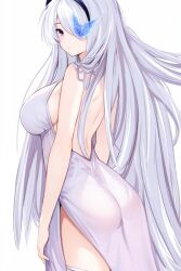 Rule 34 | 1girl, alternate costume, ass, azur lane, backless dress, backless outfit, bare shoulders, black hairband, breasts, butterfly over eye, dress, grey dress, grey hair, hair over one eye, hairband, large breasts, long hair, looking at viewer, looking back, purple eyes, sa (nax49), side slit, sleeveless, sleeveless dress, solo, unzen (azur lane), very long hair, white background