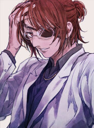 Rule 34 | 1other, androgynous, aquiline nose, brown eyes, brown hair, commentary request, eyepatch, glasses, hand in own hair, hange zoe, jacket, jewelry, mo cha ri, necklace, other focus, shingeki no kyojin, short ponytail, smile, solo, white jacket