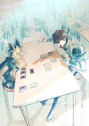 Rule 34 | absurdres, belt, blonde hair, brown hair, cafeteria, card, closed mouth, highres, holding, holding card, hurusatoo, jacket, jacket on shoulders, kaiba seto, long sleeves, multicolored hair, open mouth, parted bangs, playing games, sitting, table, yami yugi, yu-gi-oh!