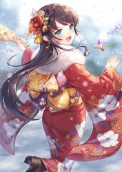 Rule 34 | 1girl, :d, absurdres, aqua eyes, ass, blush, brown hair, earrings, feet out of frame, floating hair, floral print, flower, fur collar, gomashio ponz, hair flower, hair ornament, highres, holding, holding paddle, japanese clothes, jewelry, kimono, long hair, looking at viewer, looking back, obi, open mouth, original, paddle, red flower, red kimono, sash, smile, snow, snowing, solo, standing, standing on one leg, tassel, tassel earrings, v-shaped eyebrows, wide sleeves
