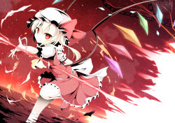 Rule 34 | 1girl, aibumi, ascot, bad id, bad pixiv id, blonde hair, bow, chain, dress, dutch angle, fire, fire, flandre scarlet, frilled dress, frilled hat, frills, hat, highres, laevatein, leg up, looking at viewer, mary janes, pen-zin, red eyes, red sky, red theme, shoes, short hair, short sleeves, side ponytail, sky, smirk, solo, touhou, wings
