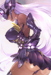 Rule 34 | 1girl, akinaie, ass, bare shoulders, black leotard, black thighhighs, breasts, commentary request, covered erect nipples, curvy, dark-skinned female, dark skin, elbow gloves, female focus, from behind, gloves, glowing, headgear, huge ass, large breasts, leotard, light purple hair, lips, long hair, nintendo, parted lips, partially visible vulva, shiny clothes, shiny skin, skirt, smile, solo, standing, t-elos, teeth, thighhighs, xenoblade chronicles (series), xenoblade chronicles 2, xenosaga, xenosaga episode iii