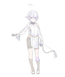 Rule 34 | 1girl, absurdres, arrow (projectile), bare shoulders, blouse, boots, bow (weapon), braid, brown footwear, brown shorts, closed mouth, clothing cutout, ear ornament, enkyo yuuichirou, full body, green ribbon, grey hair, hair over one eye, hair tubes, highres, holding, holding bow (weapon), holding weapon, long sleeves, looking at viewer, one eye covered, original, pelvic curtain, pointy ears, quiver, red eyes, ribbon, sash, shirt, short hair, shorts, shoulder cutout, side braid, simple background, smile, solo, standing, toeless footwear, weapon, white background, white shirt