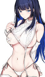 Rule 34 | 1girl, alternate costume, areola slip, black hair, blue eyes, blue hair, breasts, commentary, cross pasties, detached sleeves, highres, hololive, hololive english, large breasts, long hair, looking at viewer, meme attire, multicolored hair, navel, ouro kronii, panties, pasties, sak1 01, side-tie panties, simple background, solo, stomach, symbol-only commentary, tape, tape on nipples, thighhighs, two-tone hair, underwear, v-shaped eyebrows, very long hair, virgin destroyer sweater, virtual youtuber, white background, white panties, white thighhighs