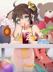 Rule 34 | 1girl, absurdres, agnamore, ahoge, bare arms, bare shoulders, blurry, blurry background, brown hair, cat hair ornament, closed mouth, collarbone, commentary request, cup, depth of field, drinking glass, drinking straw, frilled one-piece swimsuit, frills, green eyes, groin, hair between eyes, hair ornament, head tilt, highleg, highleg swimsuit, highres, holding, holding cup, hololive, ice, ice cube, long hair, natsuiro matsuri, one-piece swimsuit, palm tree, side ponytail, smile, solo, stuffed animal, stuffed toy, swimsuit, table, teddy bear, tree, virtual youtuber, yellow one-piece swimsuit