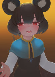 Rule 34 | animal ears, black dress, black hair, blue capelet, blush, capelet, dress, highres, jewelry, long sleeves, looking at viewer, mouse ears, mouse tail, nazrin, necklace, open mouth, outstretched arms, pendant, red eyes, serakawa, short hair, simple background, solo, tail, touhou